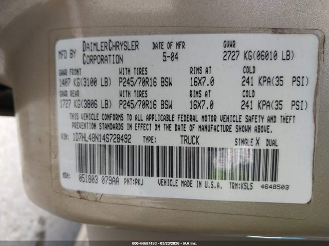 Aukcja sprzedaży 2004 Dodge Dakota Slt, vin: 1D7HL48N14S728492, numer aukcji: 44687493
