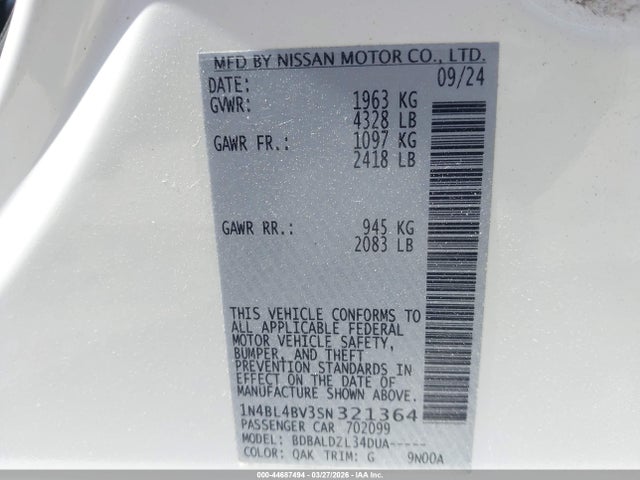 44687494 :رقم المزاد ، 1N4BL4BV3SN321364 vin ، 2025 Nissan Altima S Fwd مزاد بيع