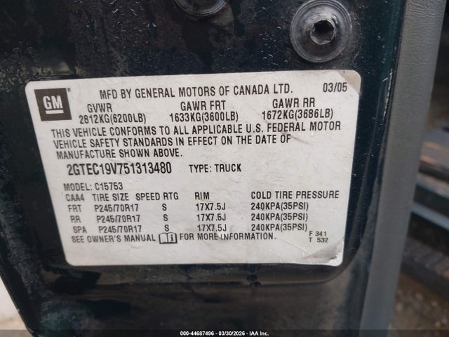 Aukcja sprzedaży 2005 Gmc Sierra 1500 Sle, vin: 2GTEC19V751313480, numer aukcji: 44687496