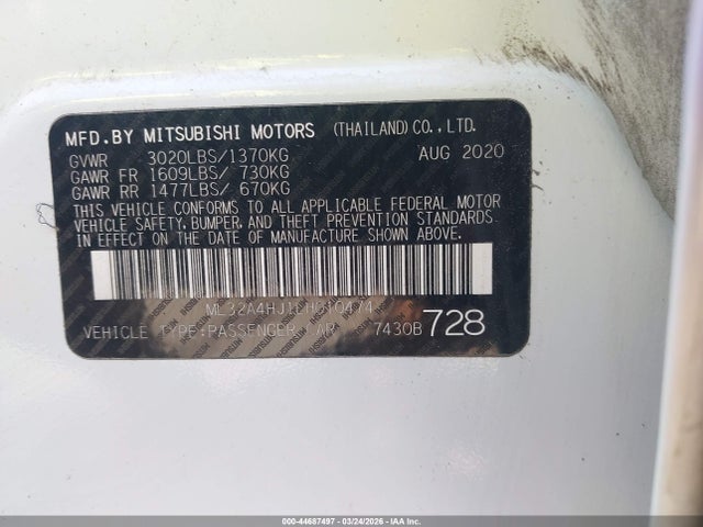 Aukcja sprzedaży 2020 Mitsubishi Mirage Se, vin: ML32A4HJ1LH010474, numer aukcji: 44687497