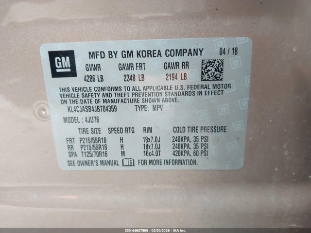 44687505 :رقم المزاد ، KL4CJASB4JB704359 vin ، 2018 Buick Encore Preferred مزاد بيع