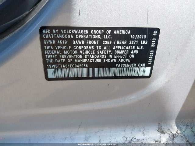 Продаж на аукціоні авто 2014 Volkswagen Passat 1.8t Se, vin: 1VWBT7A31EC042956, номер лоту: 44687526