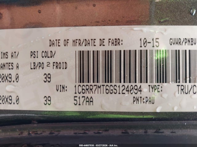 Aukcja sprzedaży 2016 Ram 1500 Sport, vin: 1C6RR7MT6GS124094, numer aukcji: 44687538
