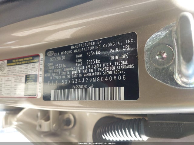 2021 Kia K5 Ex მანქანა იყიდება აუქციონზე, vin: 5XXG34J29MG040806, აუქციონის ნომერი: 44687542