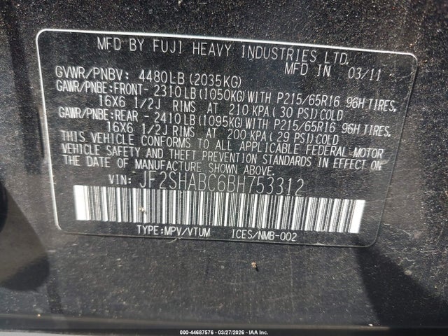 2011 Subaru Forester 2.5x მანქანა იყიდება აუქციონზე, vin: JF2SHABC6BH753312, აუქციონის ნომერი: 44687576