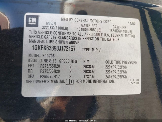 44687577 :رقم المزاد ، 1GKFK63898J172157 vin ، 2008 Gmc Yukon Denali مزاد بيع