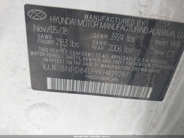 5NPD84LF9KH429287 Hyundai ELANTRA SEL