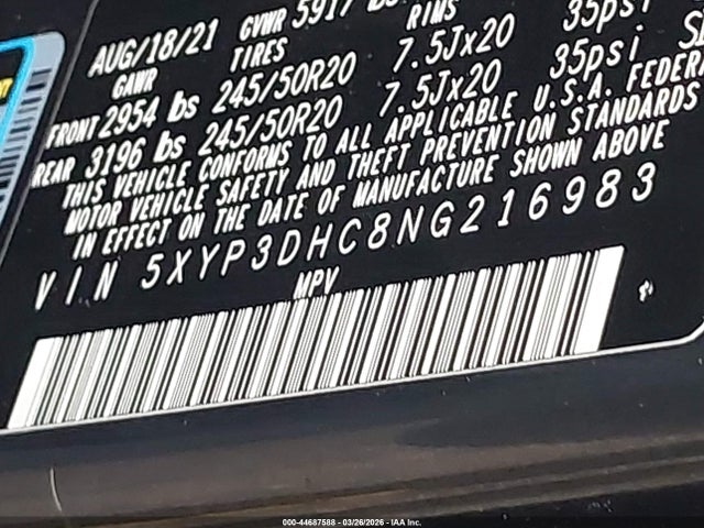 44687588 :رقم المزاد ، 5XYP3DHC8NG216983 vin ، 2022 Kia Telluride Ex مزاد بيع