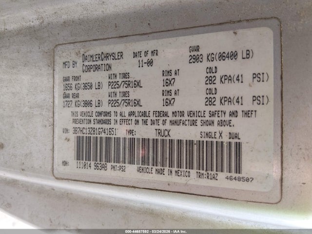 Продаж на аукціоні авто 2001 Dodge Ram 1500 St, vin: 3B7HC13Z81G741651, номер лоту: 44687592