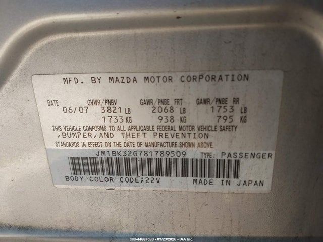Продажа на аукционе авто 2008 Mazda Mazda3 I, vin: JM1BK32G781789509, номер лота: 44687593