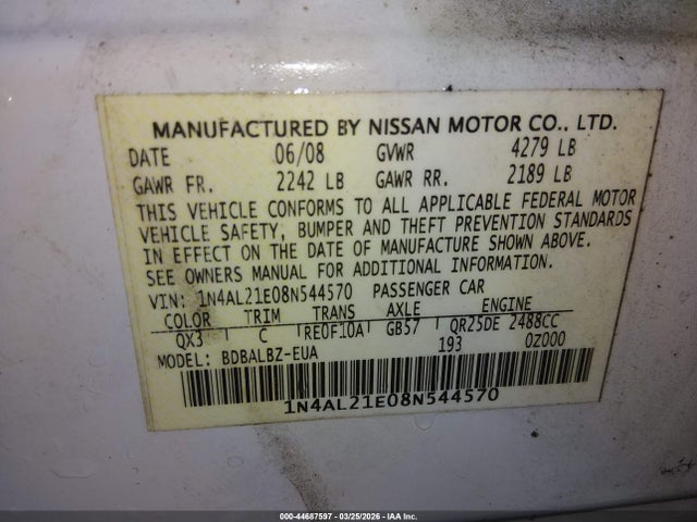 Aukcja sprzedaży 2008 Nissan Altima 2.5 S, vin: 1N4AL21E08N544570, numer aukcji: 44687597