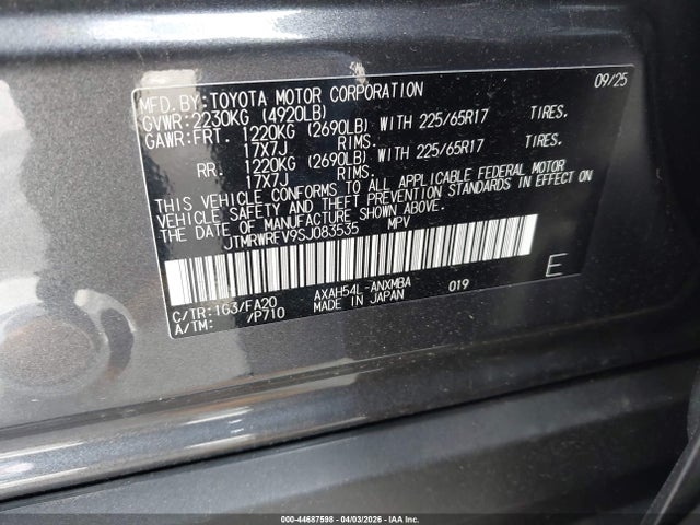 2025 Toyota Rav4 Hybrid Xle მანქანა იყიდება აუქციონზე, vin: JTMRWRFV9SJ083535, აუქციონის ნომერი: 44687598