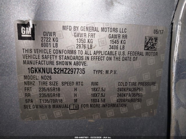 44687601 :رقم المزاد ، 1GKKNULS2HZ297735 vin ، 2017 Gmc Acadia Slt-1 مزاد بيع