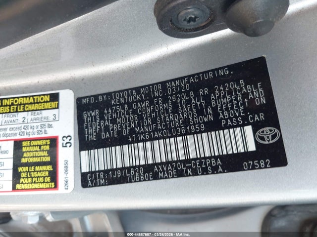 Aukcja sprzedaży 2020 Toyota Camry Xse, vin: 4T1K61AK0LU361959, numer aukcji: 44687607