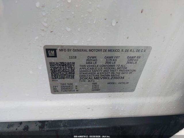 Aukcja sprzedaży 2019 Gmc Terrain Sle, vin: 3GKALMEV9KL236034, numer aukcji: 44687612