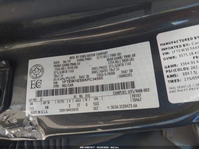 Aukcja sprzedaży 2019 Ford F-150 Lariat, vin: 1FTEW1E5XKFC34595, numer aukcji: 44687617