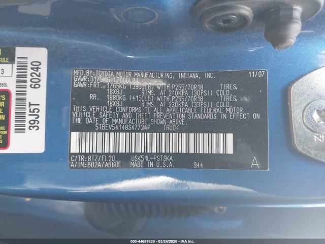44687629 :رقم المزاد ، 5TBEV54148S477247 vin ، 2008 Toyota Tundra Sr5 5.7l V8 مزاد بيع