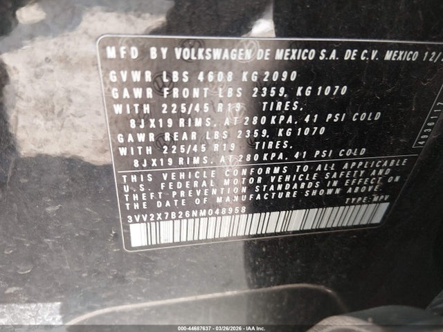 Продажа на аукционе авто 2022 Volkswagen Taos 1.5t Sel, vin: 3VV2X7B26NM048958, номер лота: 44687637