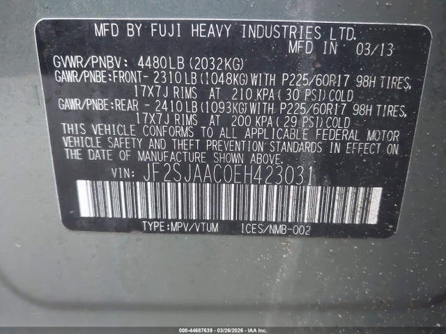 Aukcja sprzedaży 2014 Subaru Forester 2.5i, vin: JF2SJAAC0EH423031, numer aukcji: 44687639