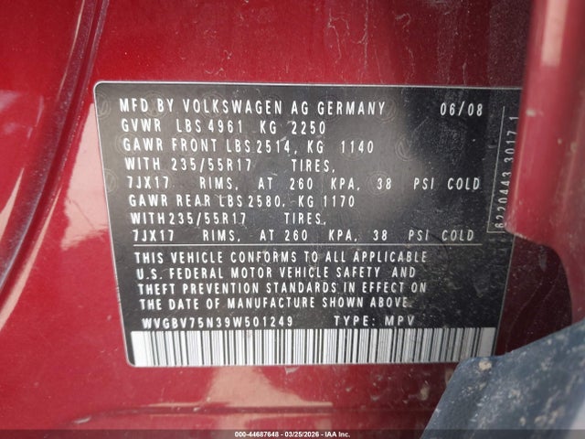 44687648 :رقم المزاد ، WVGBV75N39W501249 vin ، 2009 Volkswagen Tiguan Se/sel مزاد بيع