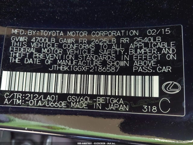 JTHBK1GGXF2186587 Lexus ES 350