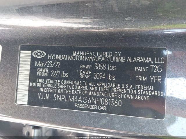 5NPLM4AG6NH081360 Hyundai ELANTRA SEL