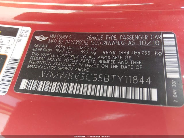 2011 MINI COOPER S WMWSV3C55BTY11844 Photo 8