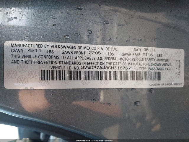 44687678 :رقم المزاد ، 3VWDP7AJ8CM316757 vin ، 2012 Volkswagen Jetta 2.5l Se مزاد بيع