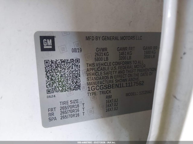 1GCGSBEN1L1117562 Chevrolet Colorado 2wd Short Box Wt