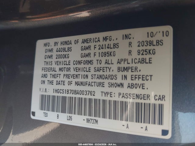 Aukcja sprzedaży 2011 Honda Accord 2.4 Ex, vin: 1HGCS1B70BA003762, numer aukcji: 44687694