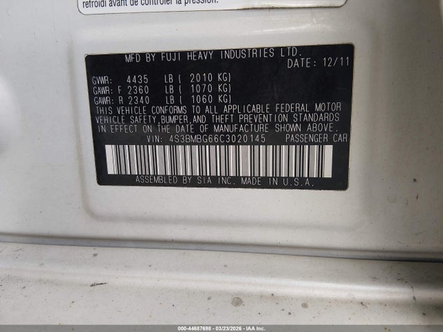 44687698 :رقم المزاد ، 4S3BMBG66C3020145 vin ، 2012 Subaru Legacy 2.5i Premium مزاد بيع