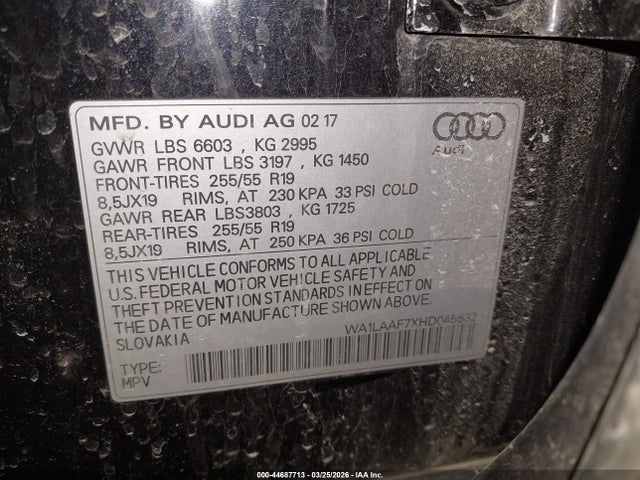 44687713 :رقم المزاد ، WA1LAAF7XHD045532 vin ، 2017 Audi Q7 3.0t Premium مزاد بيع