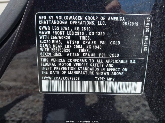 Продаж на аукціоні авто 2019 Volkswagen Atlas 3.6l V6 Se W/technology, vin: 1V2WR2CA7KC578208, номер лоту: 44687718