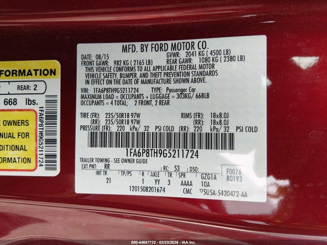 44687722 :رقم المزاد ، 1FA6P8TH9G5211724 vin ، 2016 Ford Mustang Ecoboost مزاد بيع