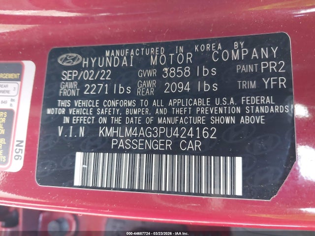 44687724 :رقم المزاد ، KMHLM4AG3PU424162 vin ، 2023 Hyundai Elantra Sel مزاد بيع