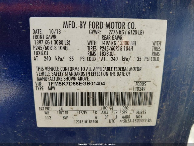 Aukcja sprzedaży 2014 Ford Explorer Xlt, vin: 1FM5K7D88EGB01404, numer aukcji: 44687759