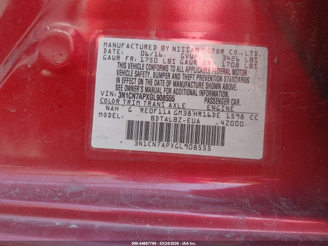 3N1CN7APXGL908555 Nissan Versa 1.6 Sv
