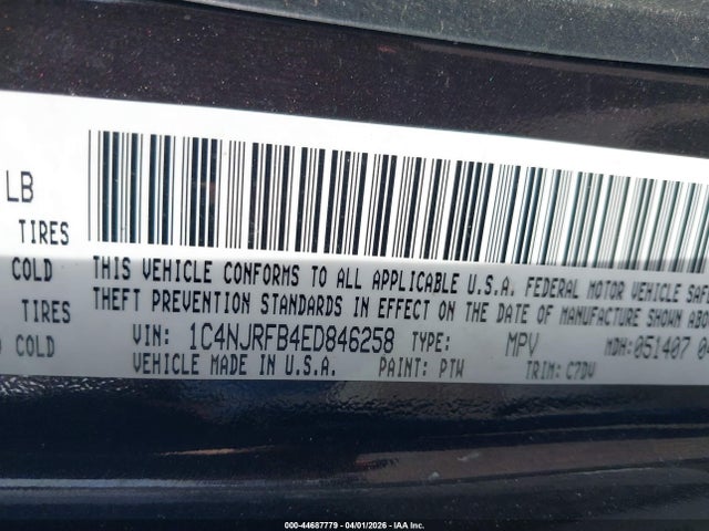 Aukcja sprzedaży 2014 Jeep Patriot Latitude, vin: 1C4NJRFB4ED846258, numer aukcji: 44687779