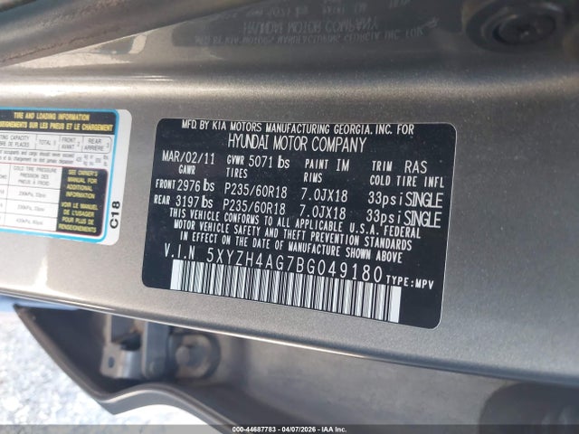 Продажа на аукционе авто 2011 Hyundai Santa Fe Se, vin: 5XYZH4AG7BG049180, номер лота: 44687783