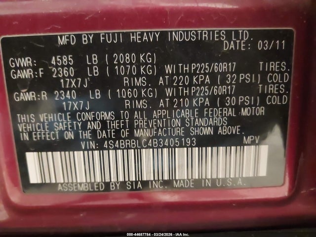 44687784 :رقم المزاد ، 4S4BRBLC4B3405193 vin ، 2011 Subaru Outback 2.5i Limited مزاد بيع