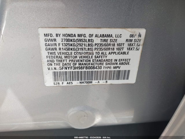 Продажа на аукционе авто 2015 Honda Pilot Touring, vin: 5FNYF3H98FB008430, номер лота: 44687793