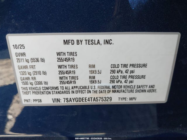 Aukcja sprzedaży 2026 Tesla Model Y All-wheel Drive/long Range Launch Series/premium All-wheel Drive, vin: 7SAYGDEE4TA575329, numer aukcji: 44687795