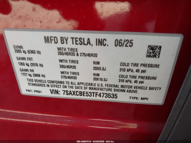 2026 Tesla Model X All-wheel Drive მანქანა იყიდება აუქციონზე, vin: 7SAXCBE53TF473535, აუქციონის ნომერი: 44687810