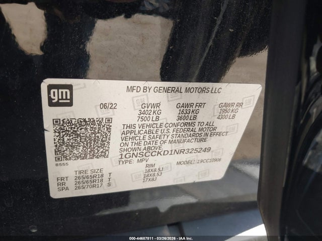 1GNSCCKD1NR325249 Chevrolet Suburban 2wd Lt