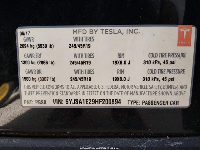 Aukcja sprzedaży 2017 Tesla Model S 100d/60d/75d/90d/p100d, vin: 5YJSA1E29HF200894, numer aukcji: 44687814
