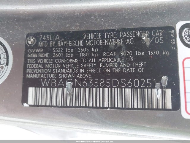 44687818 :رقم المزاد ، WBAGN63585DS60251 vin ، 2005 Bmw 745li مزاد بيع