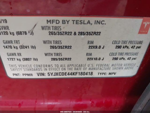 Aukcja sprzedaży 2019 Tesla Model X P100d/performance, vin: 5YJXCDE44KF180418, numer aukcji: 44687824