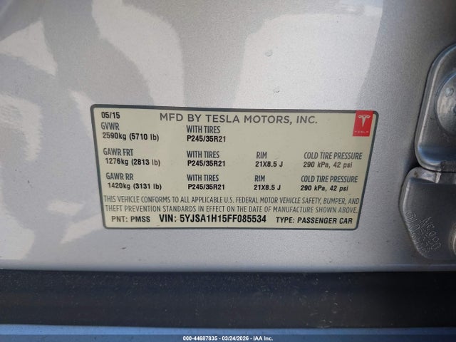 Aukcja sprzedaży 2015 Tesla Model S 60/70/85, vin: 5YJSA1H15FF085534, numer aukcji: 44687835