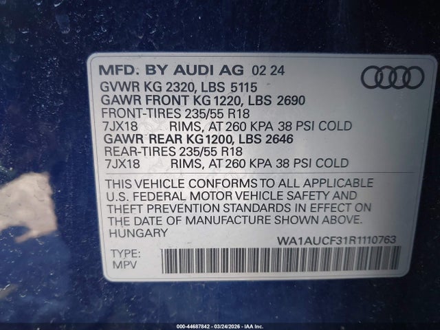 44687842 :رقم المزاد ، WA1AUCF31R1110763 vin ، 2024 Audi Q3 Premium 40 Tfsi Quattro Tiptronic مزاد بيع