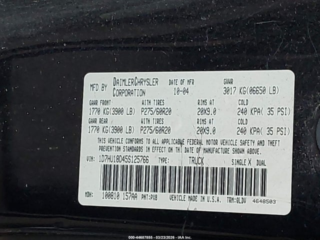 Aukcja sprzedaży 2005 Dodge Ram 1500 Slt/laramie, vin: 1D7HU18D45S125766, numer aukcji: 44687855